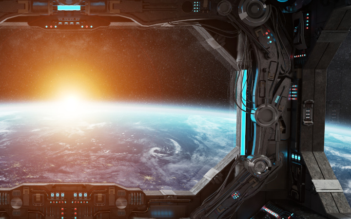 Spaceship grunge interior with view on planet Earth