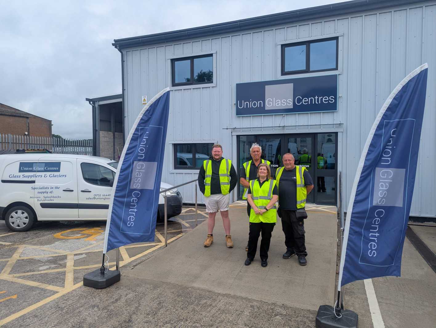 Union Glass celebrates its South-West expansion with the acquisition of Plymouth-based Armada Glass. Pictured (L–R): Jordan Graveson, Nigel Brown, Steve Sneap, and Terri Hollins.